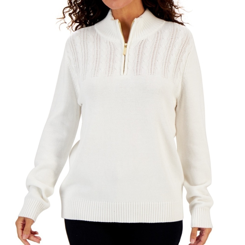 Karen Scott  Women's Cable-Knit Cotton Sweater white Off  preppy Size. S‎